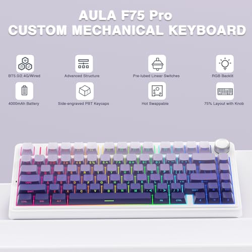 AULA F75 Pro Wireless Mechanical Keyboard75 Hot Swappable Custom KeyboardRGB BacklitPrelubed Linear SwitchesSide Printed PBT Keycaps Mechanical Gaming KeyboardsGradient Purple - Image 3