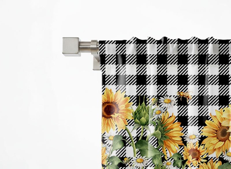 TQFZP Sunflower Kitchen Curtains Short and Valance Set Black and White Buffalo Plaid Floral Dining Room Fabric Curtain Drapes Spring Summer Flowers Home Decor - Image 5