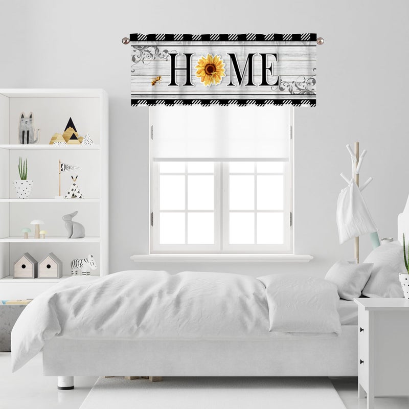 TQFZP Sunflower Kitchen Curtains Short and Valance Set Black and White Buffalo Plaid Floral Dining Room Fabric Curtain Drapes Spring Summer Flowers Home Decor - Image 4