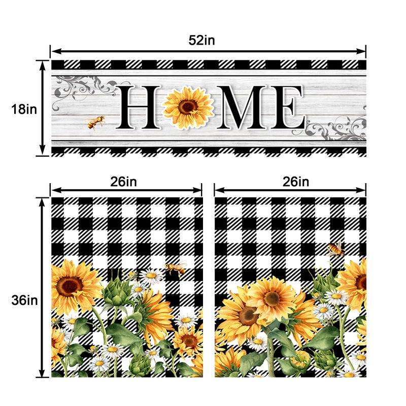 TQFZP Sunflower Kitchen Curtains Short and Valance Set Black and White Buffalo Plaid Floral Dining Room Fabric Curtain Drapes Spring Summer Flowers Home Decor - Image 2