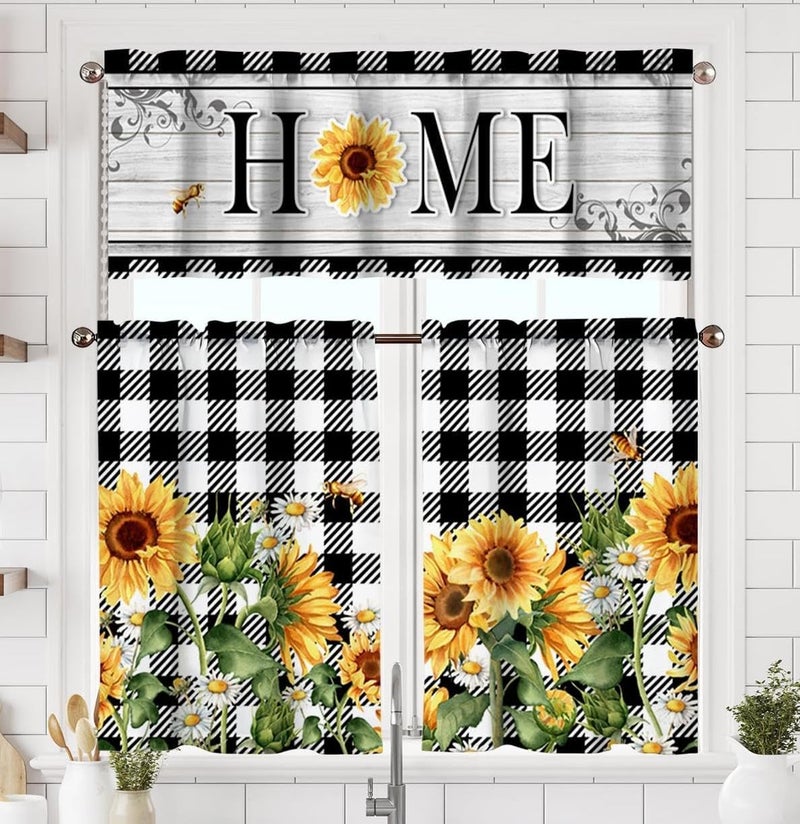 TQFZP Sunflower Kitchen Curtains Short and Valance Set Black and White Buffalo Plaid Floral Dining Room Fabric Curtain Drapes Spring Summer Flowers Home Decor - Image 1