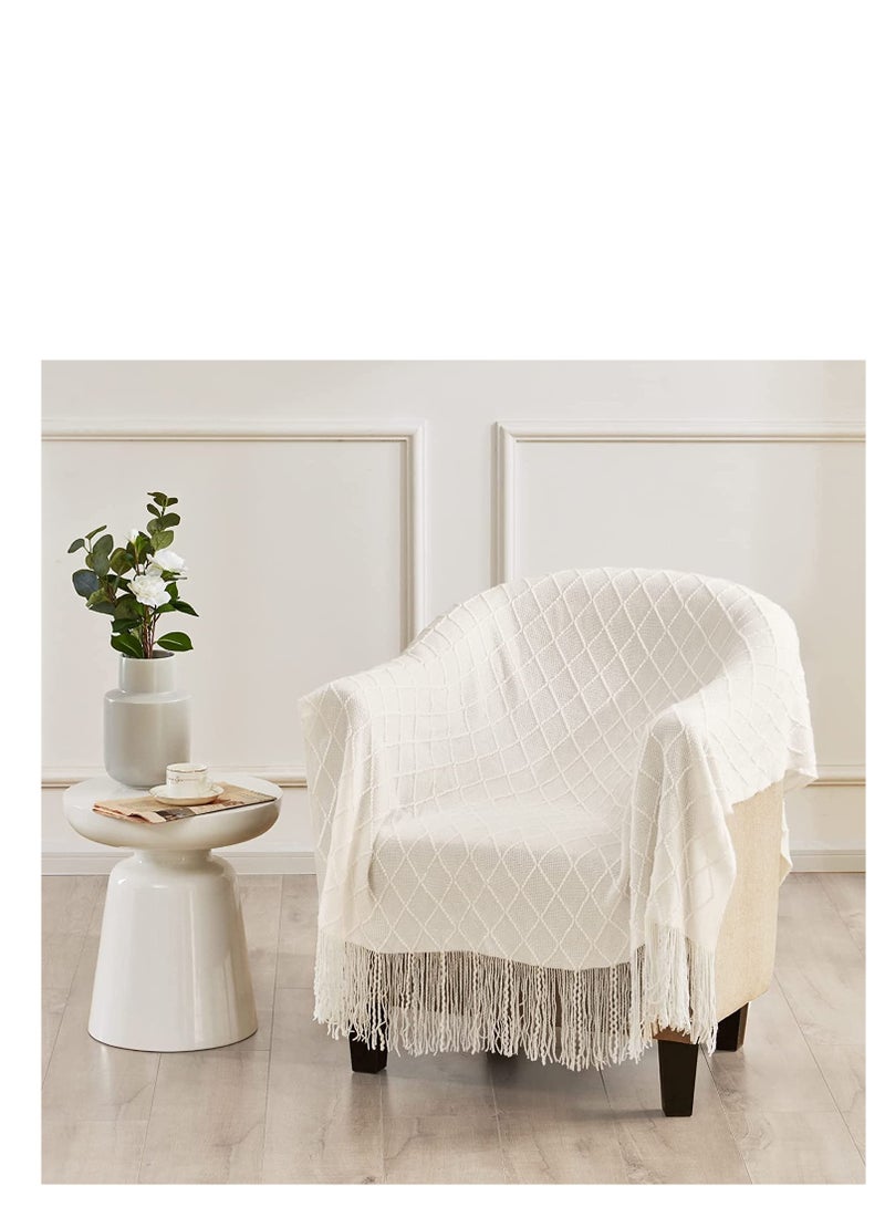 Lightweight Knitted Throw Blankets for Couch, Sofa, and Bed, Soft Knit Blanket with Tassel, Decorative Cozy Farmhouse Throw for Women and Men, 50"x60", Cream Off White - Image 4