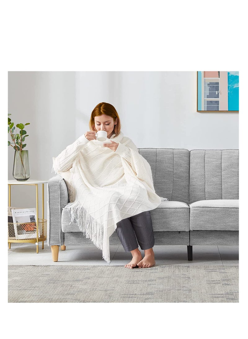 Lightweight Knitted Throw Blankets for Couch, Sofa, and Bed, Soft Knit Blanket with Tassel, Decorative Cozy Farmhouse Throw for Women and Men, 50"x60", Cream Off White - Image 2