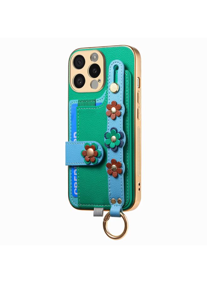اس-توب جراب لهاتف iPhone 14 Pro Max مع سوار معصم وحقيبة بطاقات وحافظة هاتف بتصميم زهور مجسمة - Image 2