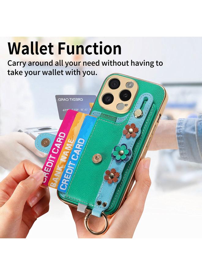 اس-توب جراب لهاتف iPhone 14 Pro Max مع سوار معصم وحقيبة بطاقات وحافظة هاتف بتصميم زهور مجسمة - Image 5