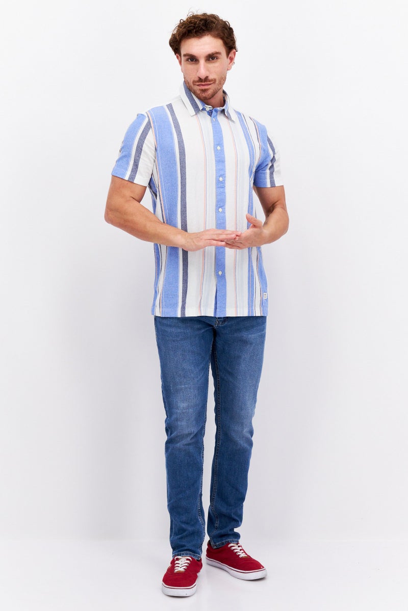 ESPRIT Men Regular Fit Stripe Short Sleeves Casual Shirt, Blue - Image 4