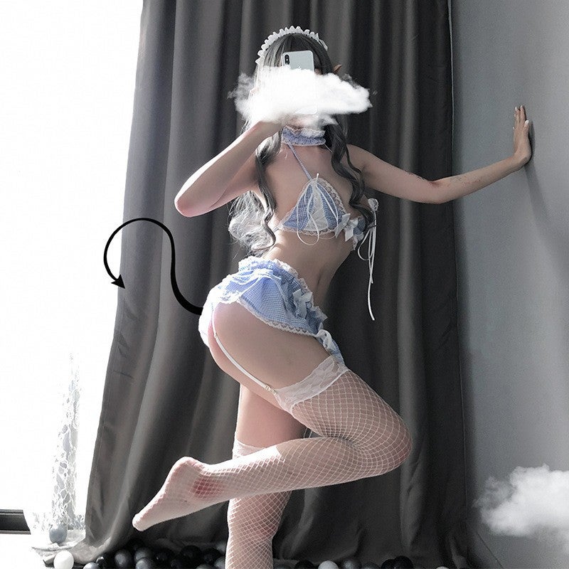 Fancy Lace Trim Backless Maid Uniform Nightwear Blue Plaid Role Play Costume - Image 1