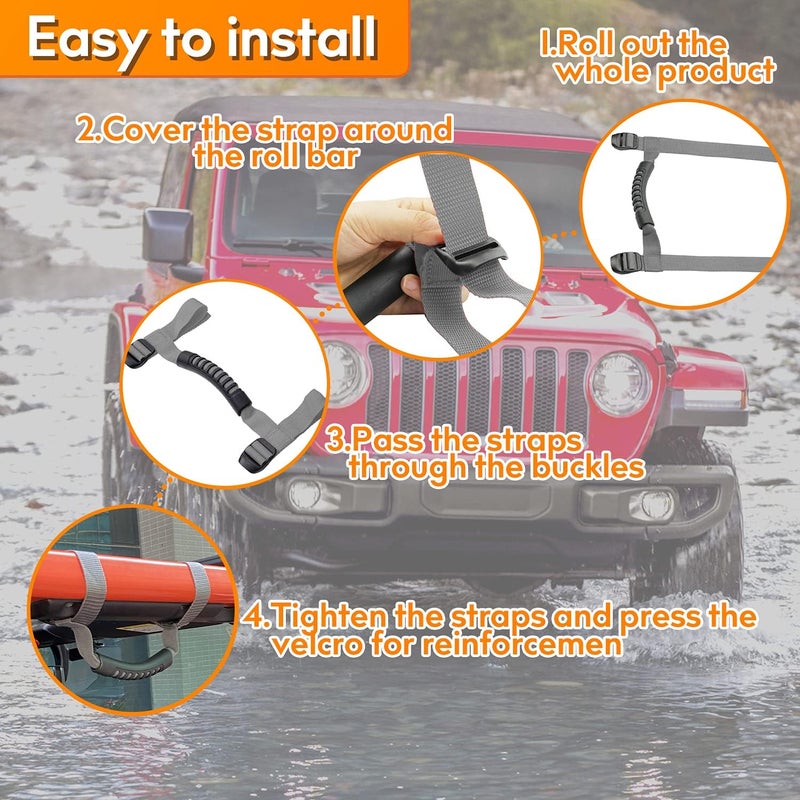 Bentolin 4 x Roll Bar Grab Handles Grip Handle Holder Compatible with Jeep Wrangler Accessories 1987-2021 YJ TJ LJ JK JL Sports Sahara Freedom Rubicon X & Unlimited (Grey) - Image 4