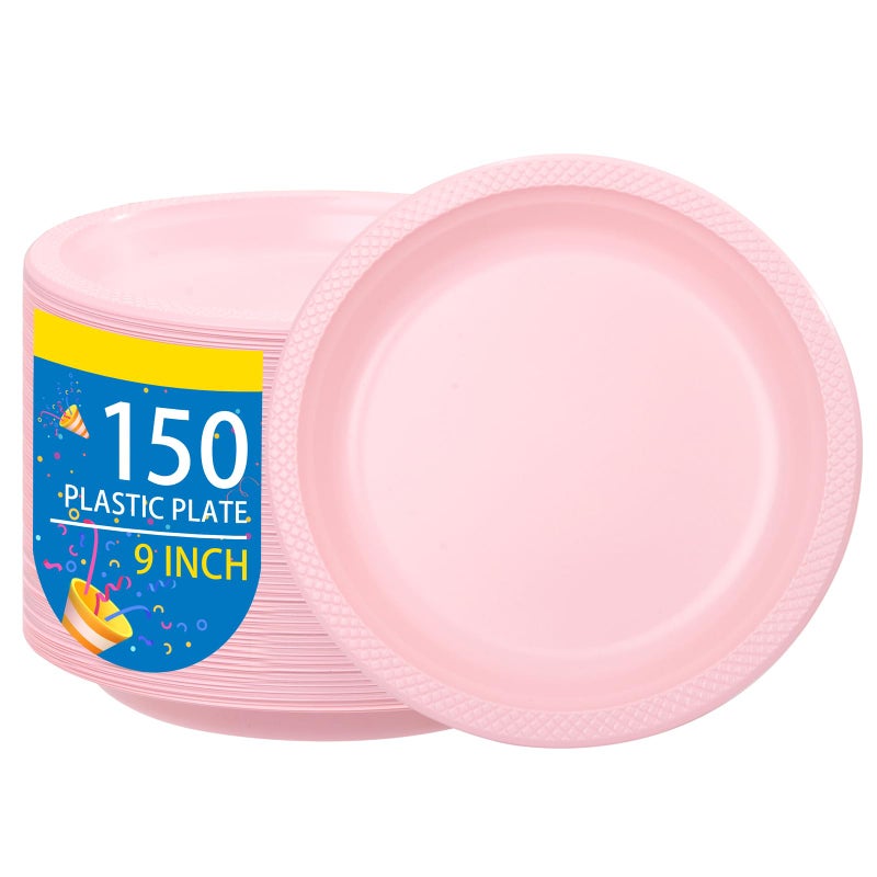 WELLIFE Pink Plastic Plates 9 Inch 150 Count for Party Disposable Plastic Party Plates for Easter Mothers Day Baby Shower Dinner Dessert Cake Light Pink