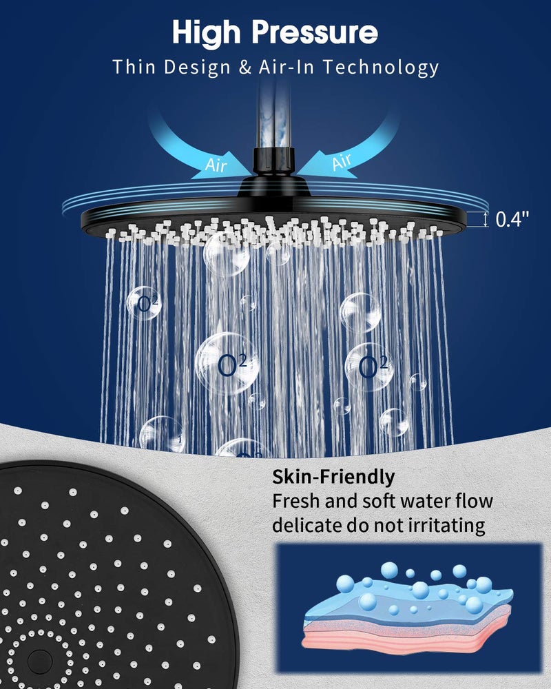 VMASSTONE Rain Shower Head VMASSTONE 9In High Pressure Showerhead - Tool Free Installation- with Large Spray Surfaces and 200 Nozzles for Delicate and Unstimulate Shower Experience (EM-001 Matte Black/Black) - Image 3