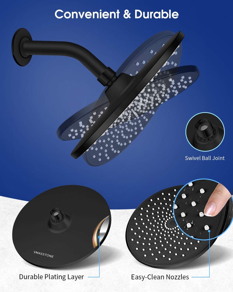 VMASSTONE Rain Shower Head VMASSTONE 9In High Pressure Showerhead - Tool Free Installation- with Large Spray Surfaces and 200 Nozzles for Delicate and Unstimulate Shower Experience (EM-001 Matte Black/Black) - Image 5