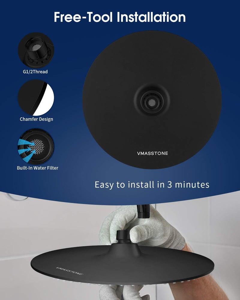 VMASSTONE Rain Shower Head VMASSTONE 9In High Pressure Showerhead - Tool Free Installation- with Large Spray Surfaces and 200 Nozzles for Delicate and Unstimulate Shower Experience (EM-001 Matte Black/Black) - Image 4