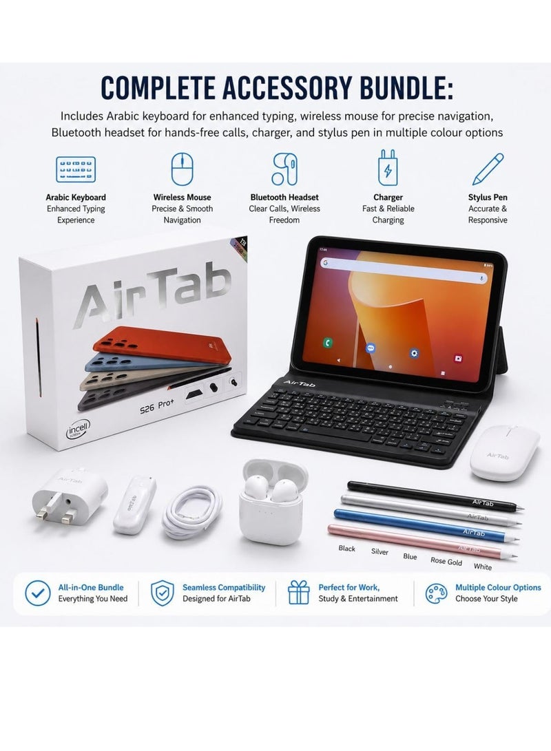 AIR TAB AirTab S26 Pro+ 10.1 Inch Android 15 Tablet PC with Wireless Keyboard Mouse Bluetooth Headset 24GB RAM 1TB Storage 10000mAh Battery Dual Camera WiFi Arabic Keyboard Bundle - Image 2