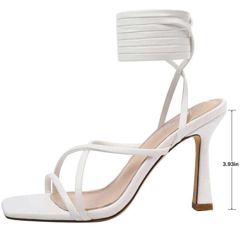Mostrin White Strappy Heels for Women Lace Up Heels Tie Up Stiletto Heeled Sandals Square Open Toe High Heels for Prom, Party and Weddings Size 7 - Image 4