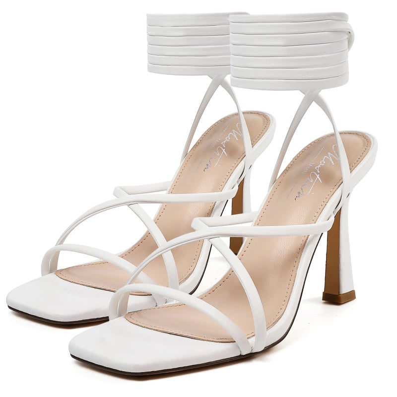 Mostrin White Strappy Heels for Women Lace Up Heels Tie Up Stiletto Heeled Sandals Square Open Toe High Heels for Prom, Party and Weddings Size 7 - Image 1