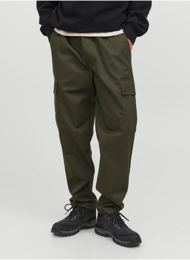 JACK & JONES Wide Fit Snap Cargo Pants with Elastic Waistband