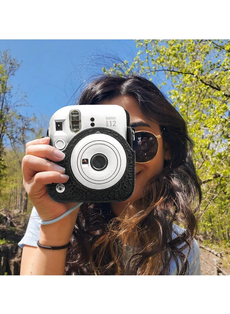 Fujifilm Instax Mini 12 Camera PU Leather Protective Case with Adjustable Shoulder Strap and 64-Pocket Mini Photo Album (Black Lace) - Image 5