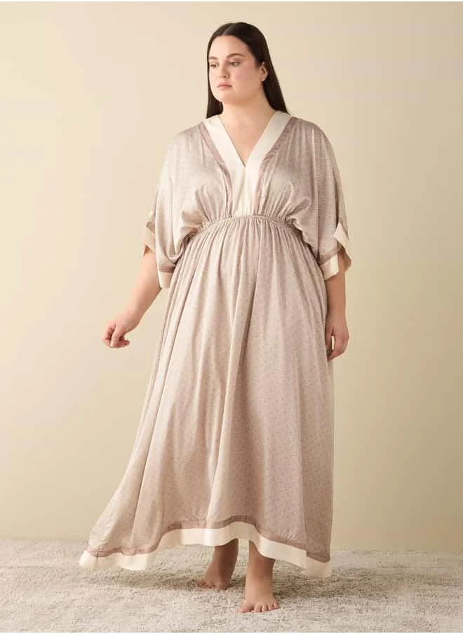 FAV All-Over Print Satin Kaftan Night Gown with V-neck