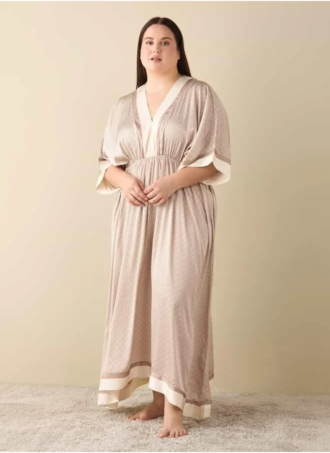 FAV All-Over Print Satin Kaftan Night Gown with V-neck
