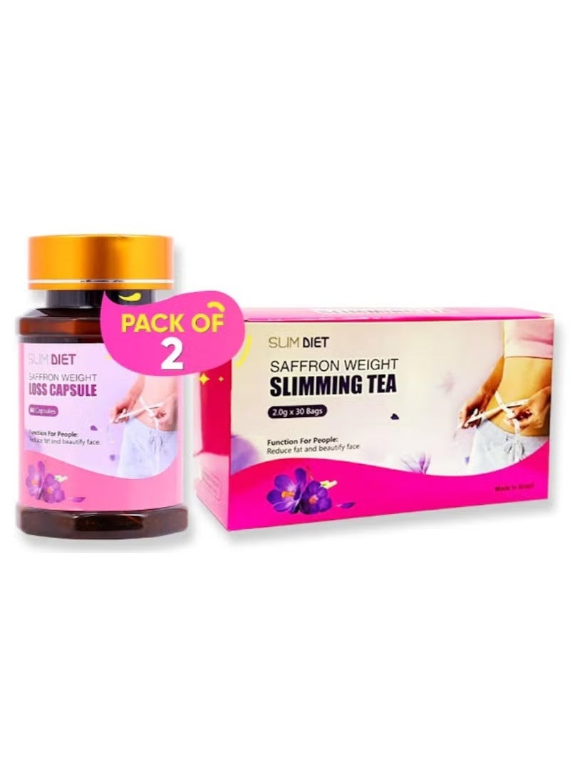 Slim Diet Saffron Weight Loss Slimming Tea and Capsules, Dynamic Duo for Accelerated Weight Loss and Powerful Fat Burning with Detox Herbal Tea (30 Tea Bags) and Antioxidant-Rich Capsules (60 Capsules
