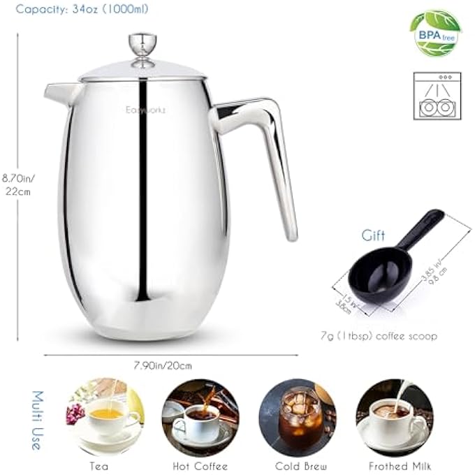 EASYWORKZ Nando French Press 1000Ml Double Wall Insulated Thermal Coffee Maker304 Stainless Steel Cafetiere - Image 2