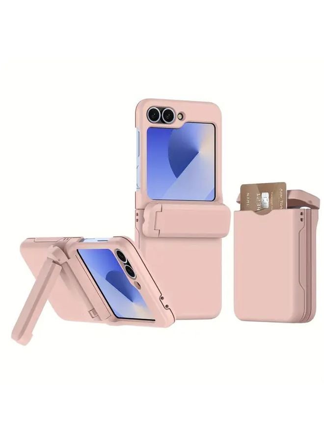 غطاء Samsung Galaxy Z Flip 6 - وردي فاتح مع حامل بطاقات وحماية للمفصلة - Image 1