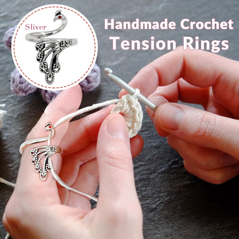 LBU 4Pcs Crochet Ring + 60Pcs Stitch Markers Adjustable Crochet Tension Rings for Finger Yarn Tension Guide Rings Crocheting Knitting Accessories with Box Gifts for Crocheters Knitters(Peacock) - Image 2