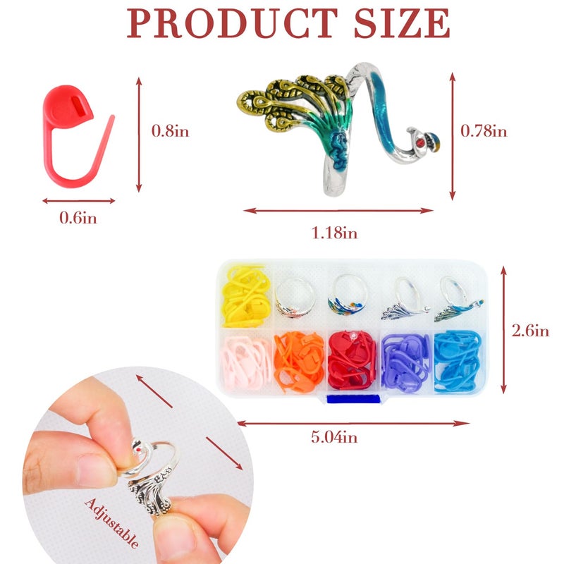 LBU 4Pcs Crochet Ring + 60Pcs Stitch Markers Adjustable Crochet Tension Rings for Finger Yarn Tension Guide Rings Crocheting Knitting Accessories with Box Gifts for Crocheters Knitters(Peacock) - Image 3