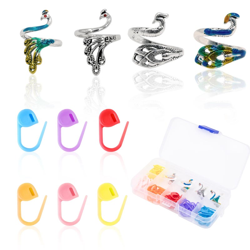 LBU 4Pcs Crochet Ring + 60Pcs Stitch Markers Adjustable Crochet Tension Rings for Finger Yarn Tension Guide Rings Crocheting Knitting Accessories with Box Gifts for Crocheters Knitters(Peacock) - Image 1