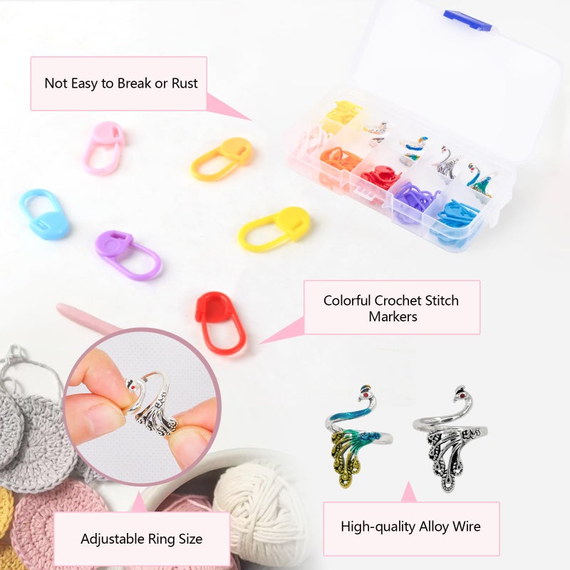 LBU 4Pcs Crochet Ring + 60Pcs Stitch Markers Adjustable Crochet Tension Rings for Finger Yarn Tension Guide Rings Crocheting Knitting Accessories with Box Gifts for Crocheters Knitters(Peacock) - Image 4
