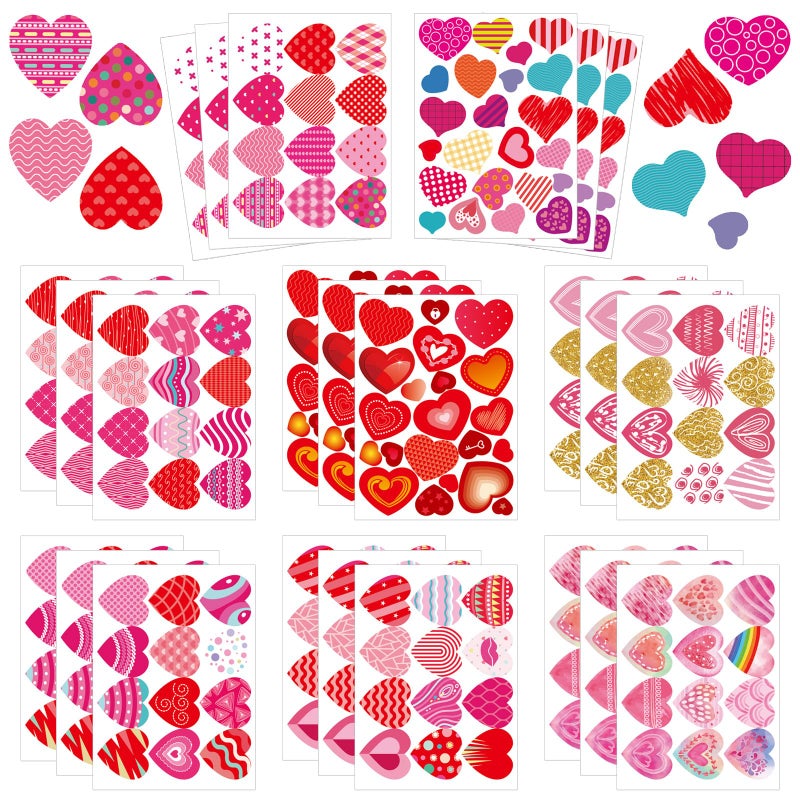 Cosomia 24 Sheets of Valentines Day Heart Stickers for Kids: 8 Unique Colorful Heart Designs for Decorative Party Activities and Craft Supplies - Image 1