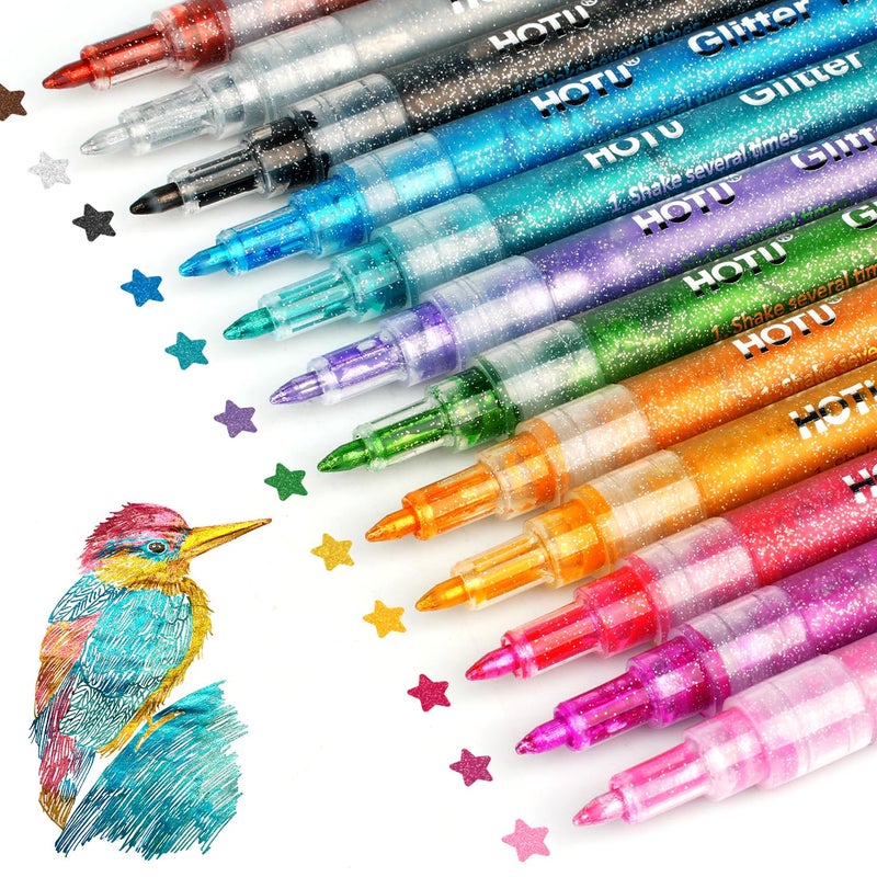 HOTU Glitter Markers Pen, 12 Glitter Colors Paint Pens Sparkly Metallic Shimmer Acrylic Marker Fine Point Tip 0.7mm Water-based Ink for Adults DIY Crafts Greeting Birthday Cards - Image 1