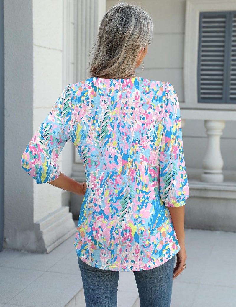 LUYAA 3/4 Length Sleeve Womens Tops Dressy Casual V-Neck Puff Sleeve Quarter Length Blouse Work Loose Fit Floral Printed Shirt Ladies Business Tunic Trendy T Shirts - Image 5