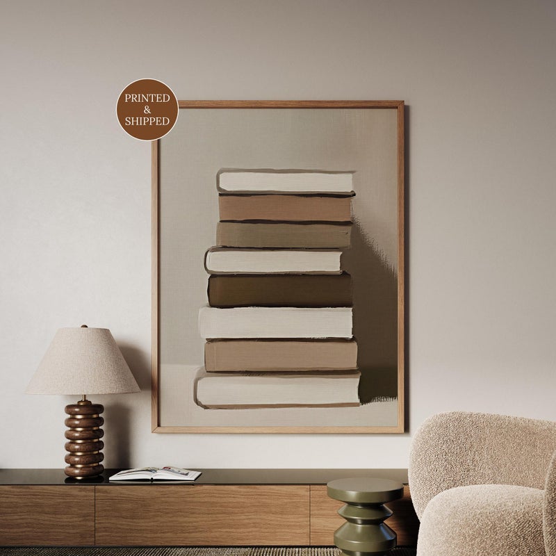TNESSENTIAL Stacked Books Print, Neutral Minimalist Wall Art, Book Lover Gift, Dark Academia Decor, Home Library Wall Art, Scandinavian Office Decor - Image 1