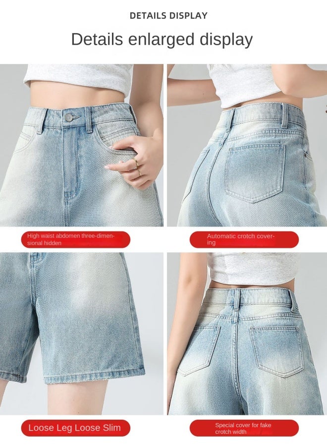 HAPPY Retro Blue Five-quarter Pants Denim Shorts Women's Summer Thin New High-waisted Loose Slimming Look Straight Pants - Image 2