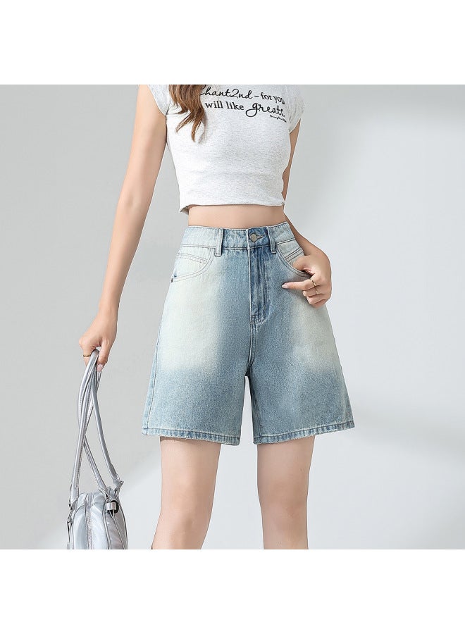 HAPPY Retro Blue Five-quarter Pants Denim Shorts Women's Summer Thin New High-waisted Loose Slimming Look Straight Pants - Image 1