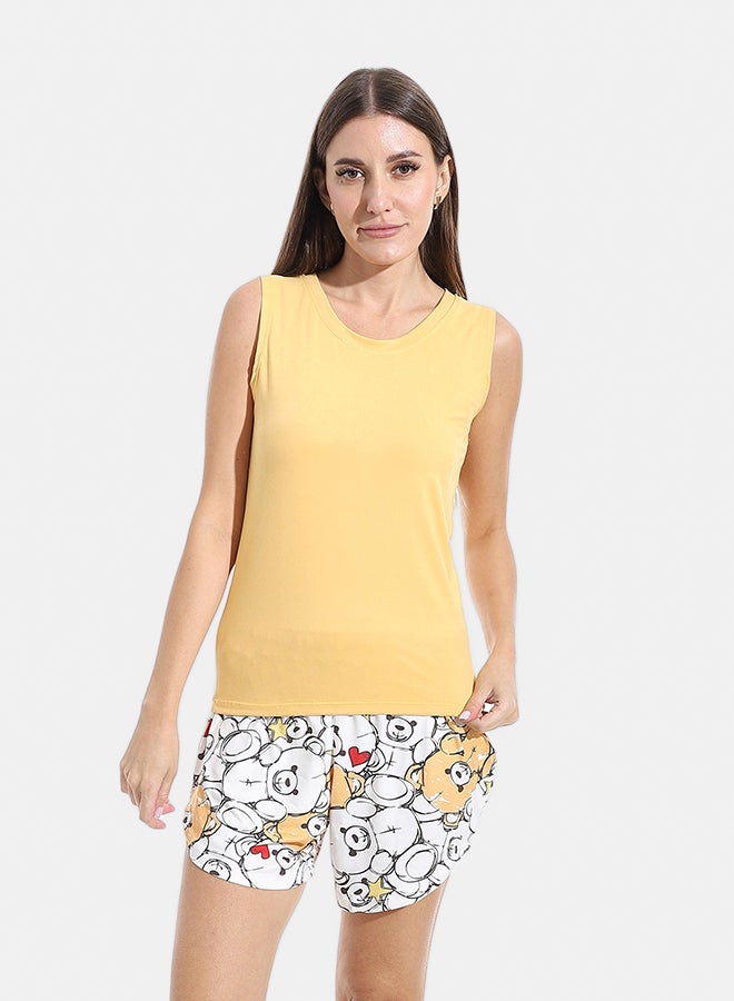 Andora Self Patterened Two Pieces Pijama Short & Cut Sleeves Shirt _ Mustard & White - Image 1