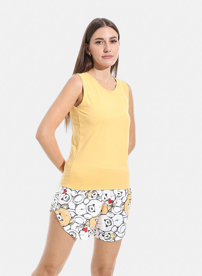 Andora Self Patterened Two Pieces Pijama Short & Cut Sleeves Shirt _ Mustard & White - Image 2