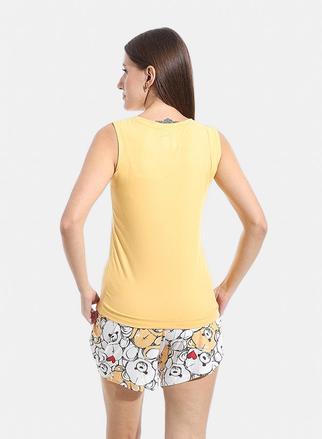Andora Self Patterened Two Pieces Pijama Short & Cut Sleeves Shirt _ Mustard & White - Image 5