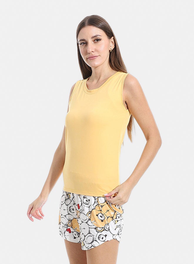 Andora Self Patterened Two Pieces Pijama Short & Cut Sleeves Shirt _ Mustard & White - Image 3