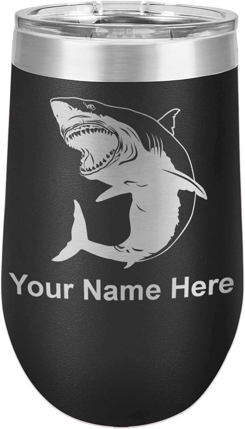 16oz Double Wall Stainless Steel Wine Glass Tumbler, Great White Shark, Personalized Engraving Included (Dark Blue) (Black,12 Ounces)