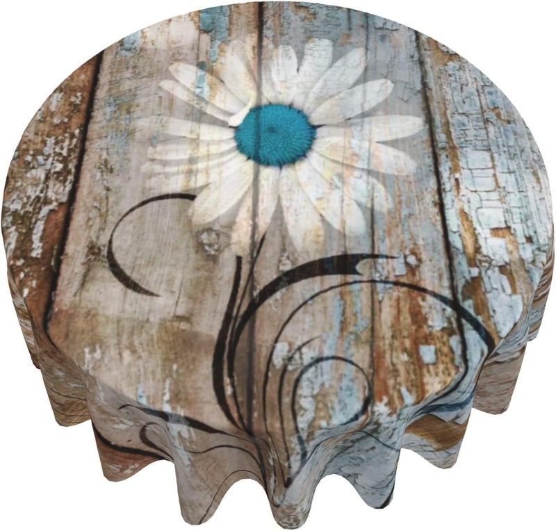 Giwawa Rustic Daisy Round Tablecloth 60 Vintage Flower on Wood Grain Board Circle Table Cloth Cabin Country Style Table Cover Heat Resistant for Kitchen Dining Indoor Outdoor Farmhouse Decor - Image 1