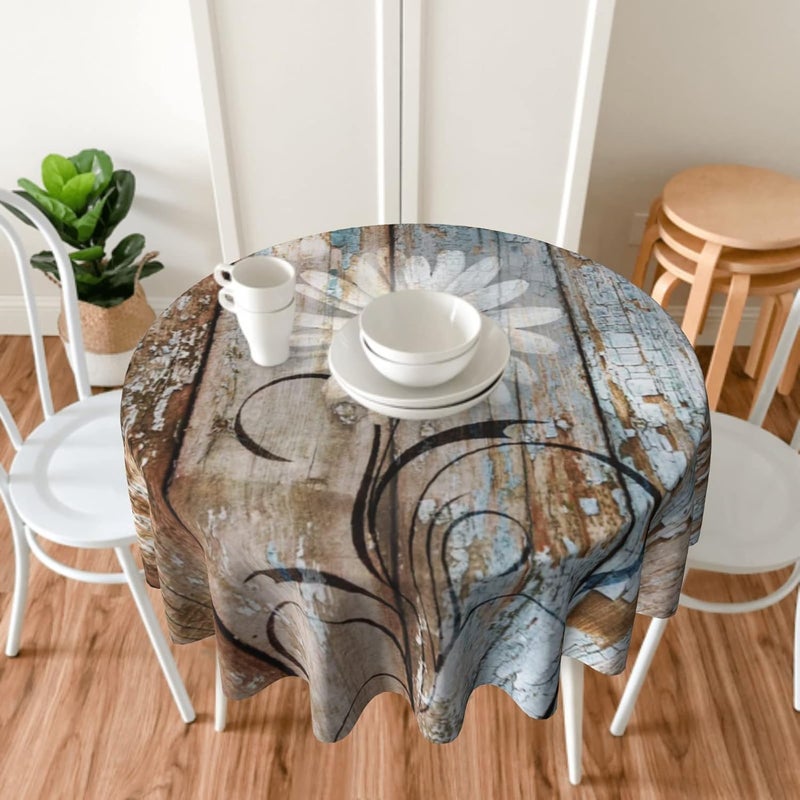Giwawa Rustic Daisy Round Tablecloth 60 Vintage Flower on Wood Grain Board Circle Table Cloth Cabin Country Style Table Cover Heat Resistant for Kitchen Dining Indoor Outdoor Farmhouse Decor - Image 2