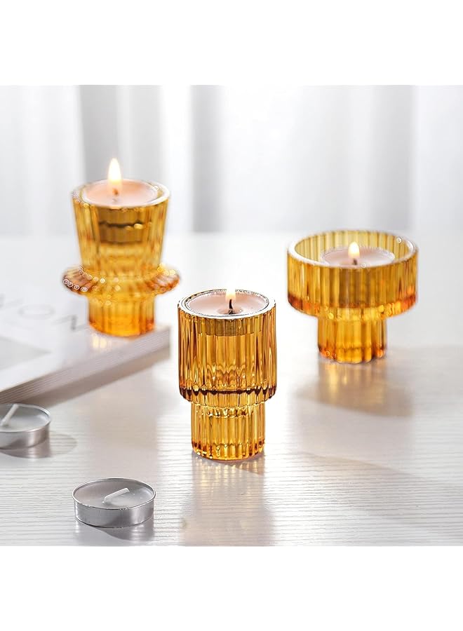 The Bros Glass Candle Holders, Set of 3 Ribbed Glass Candlesticks, Vintage Crystal Tealight Taper Candle Container Stand for Christmas Decorations Table Centerpieces Festival, Wedding Dinner Party (Amber) - Image 1
