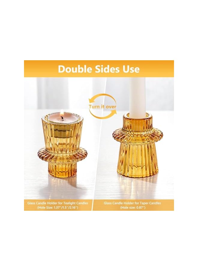 The Bros Glass Candle Holders, Set of 3 Ribbed Glass Candlesticks, Vintage Crystal Tealight Taper Candle Container Stand for Christmas Decorations Table Centerpieces Festival, Wedding Dinner Party (Amber) - Image 3
