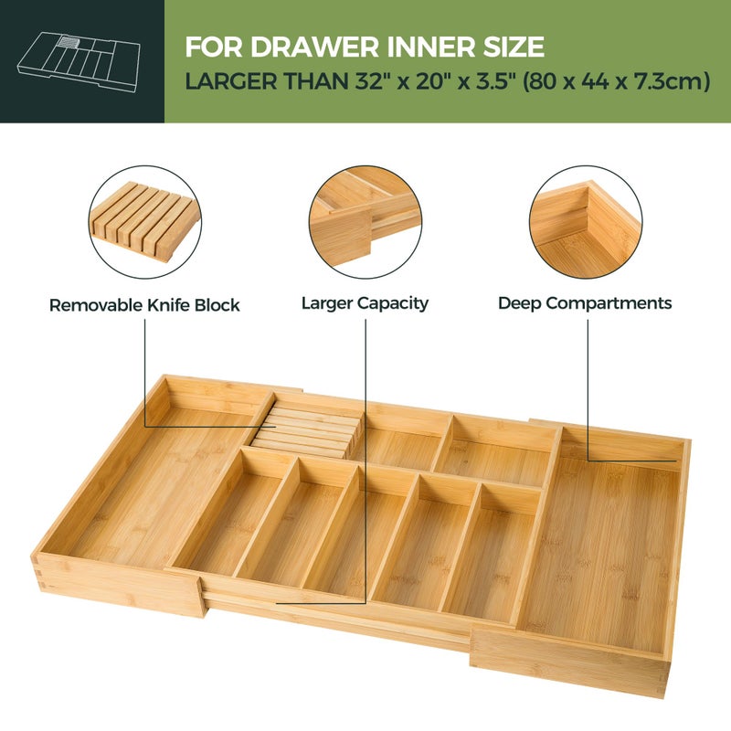 VaeFae Extra Large Kitchen Utensil Holder, Bamboo Silverware Drawer Organizer, Expandable Cutlery Organizer with Knife Block, Multifunctional Drawer Divider - Image 4