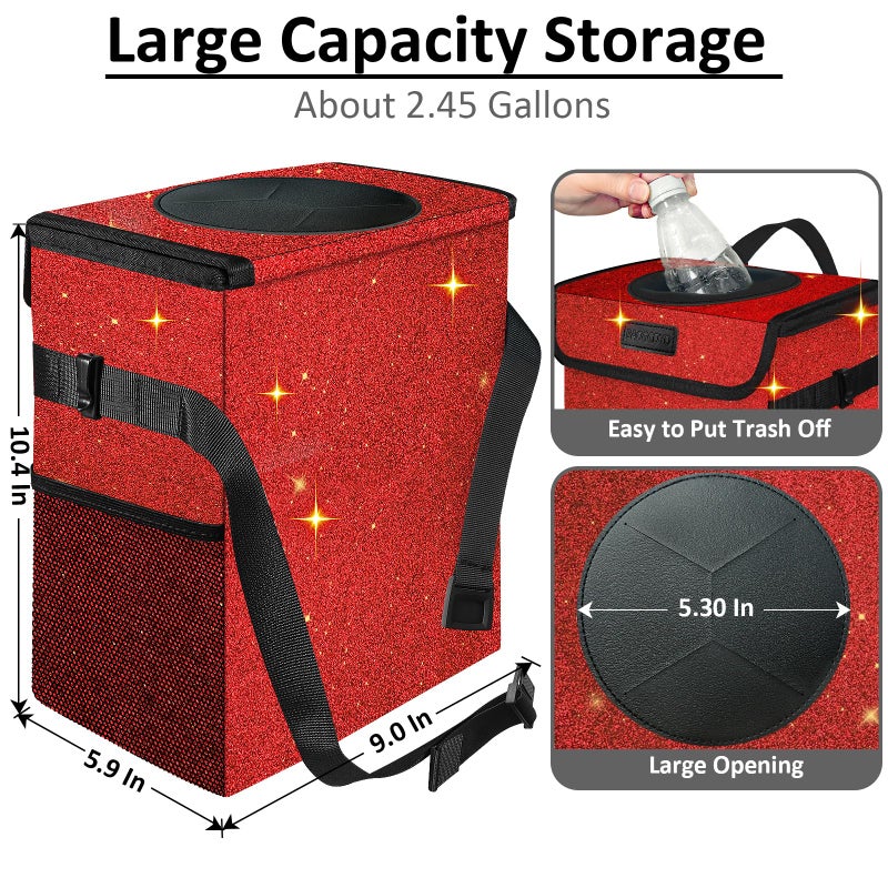 BAOGCOYO Car Trash Can, Cute Mini Trash Bag With Lid, Glitter Garbage Bin Hanging for Back/Front Seat/Console, Waterproof, Leakproof, 2.5 Gallon, Red Bling Sparkly - Image 2