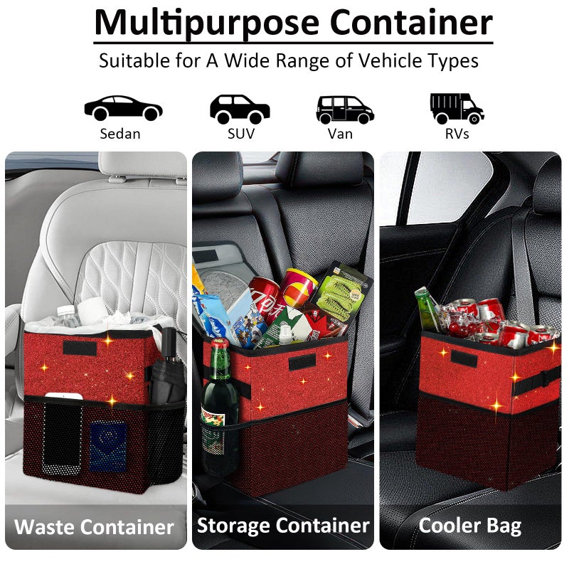 BAOGCOYO Car Trash Can, Cute Mini Trash Bag With Lid, Glitter Garbage Bin Hanging for Back/Front Seat/Console, Waterproof, Leakproof, 2.5 Gallon, Red Bling Sparkly - Image 5