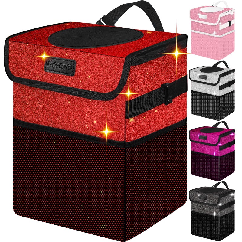 BAOGCOYO Car Trash Can, Cute Mini Trash Bag With Lid, Glitter Garbage Bin Hanging for Back/Front Seat/Console, Waterproof, Leakproof, 2.5 Gallon, Red Bling Sparkly - Image 1