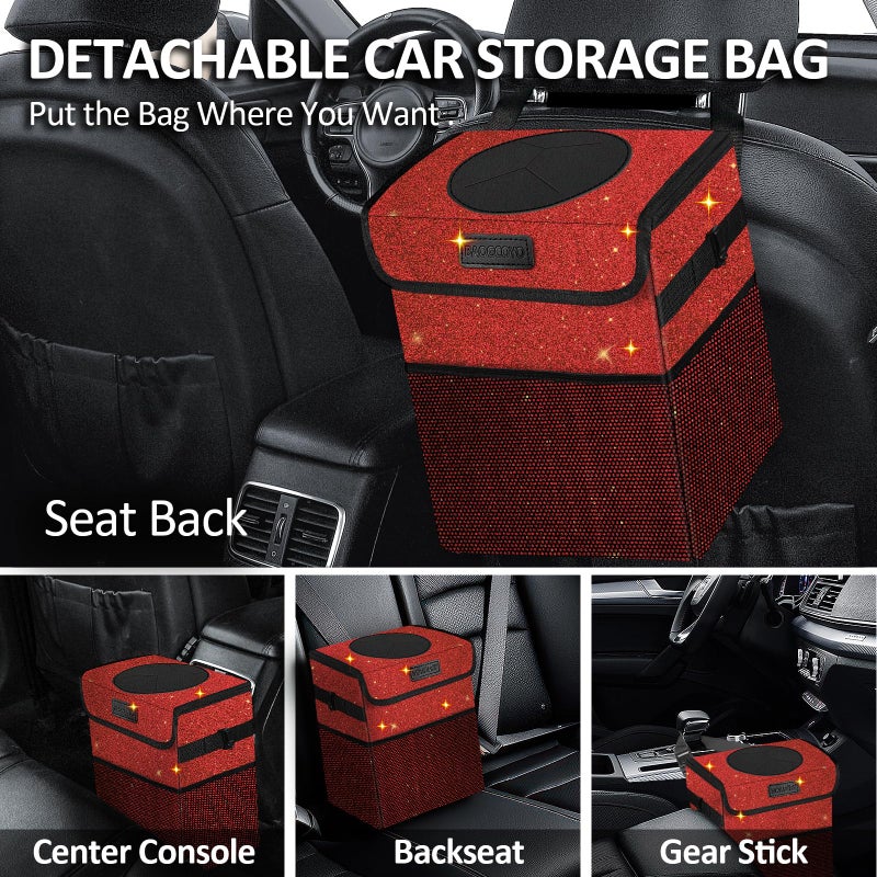 BAOGCOYO Car Trash Can, Cute Mini Trash Bag With Lid, Glitter Garbage Bin Hanging for Back/Front Seat/Console, Waterproof, Leakproof, 2.5 Gallon, Red Bling Sparkly - Image 3